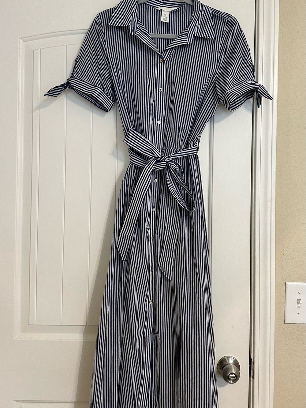 H&M Navy and White Striped Maxi Shirt Dress with Tie Waist